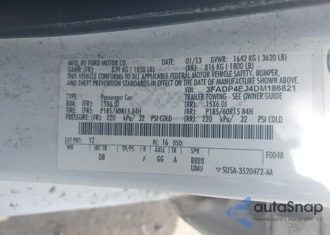 2013 Ford Fiesta Se z USA, uszkodzony, nr VIN 3FADP4EJ4DM186821